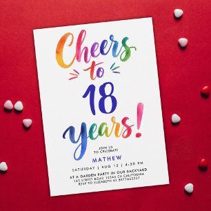 Fun Colourful Blue Cheers To 18th Watercolor Scrip Invitation