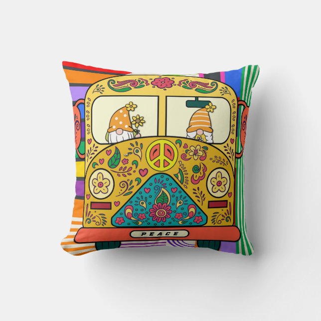 Fun Colourful Bohemian Gnomes in Cool Hippie Van Cushion (Front)