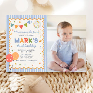 Fun Colourful Boy 3rd Birthday Photo Invitation