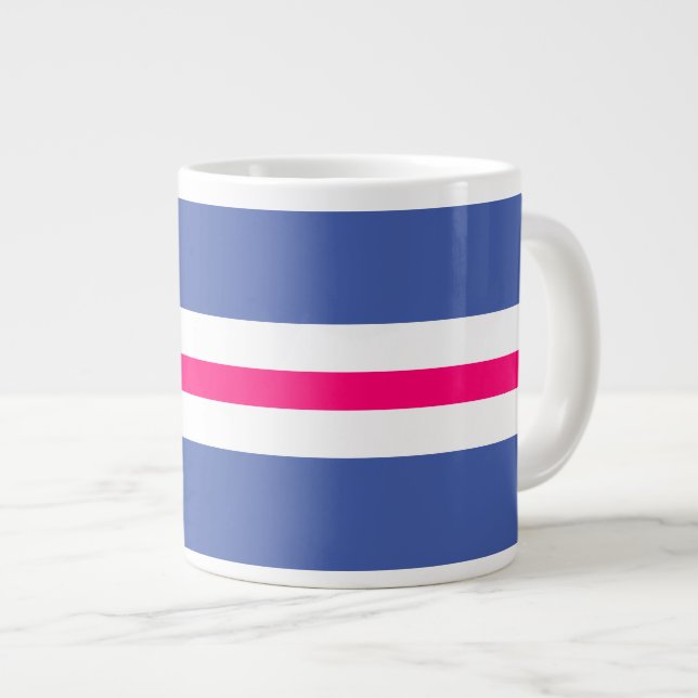Fun Colourful Bright Pink White Blue Racing Stripe Large Coffee Mug (Front Right)