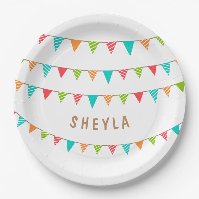 Fun Colourful Bunting Flags Name Birthday Party Paper Plate (Front)