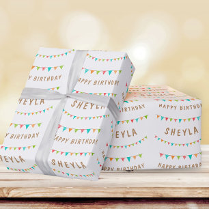 Fun Colourful Bunting Flags Name Happy Birthday Wrapping Paper