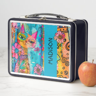 Fun Colourful Cat Kid's Name Metal Lunch Box