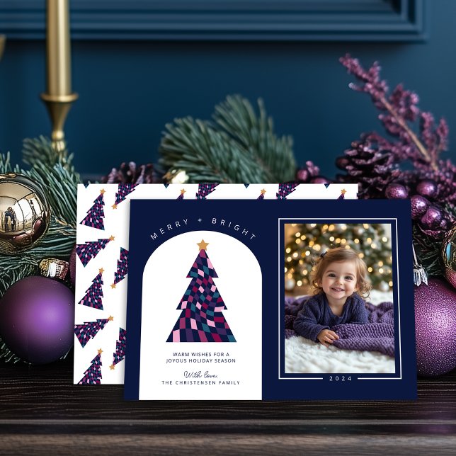 Fun Colourful Chequered Christmas Tree Photo Holiday Card (Front & Back.  Shown on a 5" x 7" card
)