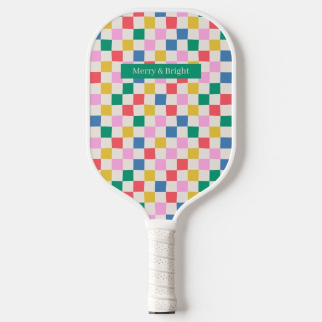 Fun Colourful Chequered Merry & Bright Pickleball Paddle (Front)