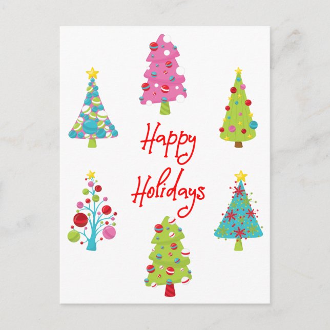 Fun Colourful Christmas Trees Happy Holidays Postcard (Front)