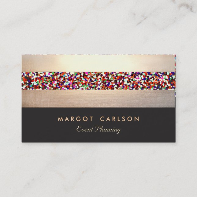 Fun Colourful Confetti Gold Striped Party Planner Business Card (Front)