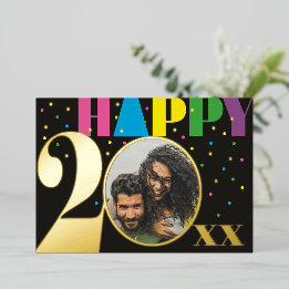Fun Colourful Confetti Happy 20xx 5 x 7 Photo Foil Holiday Card