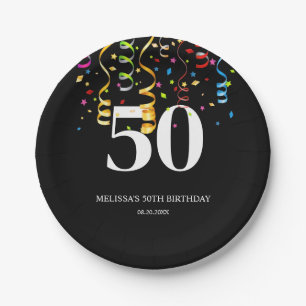 Fun Colourful Confetti Ribbon Black 50 Birthday Paper Plate