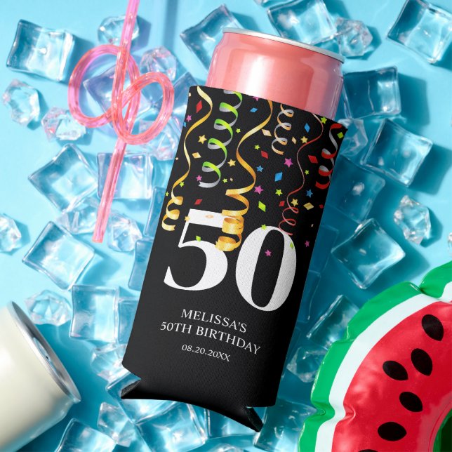 Fun Colourful Confetti Ribbon Black 50 Birthday  Seltzer Can Cooler (In Situ Summer)