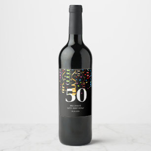 Fun Colourful Confetti Ribbon Black 50 Birthday Wine Label