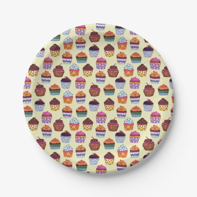 Fun Colourful Cupcakes Illustration Pattern Paper Plate (Front)