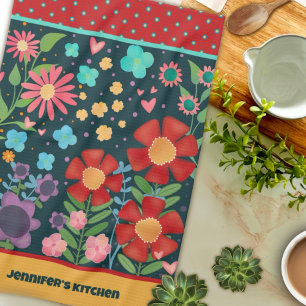 Fun Colourful Customised Name Cute Floral Tea Towel