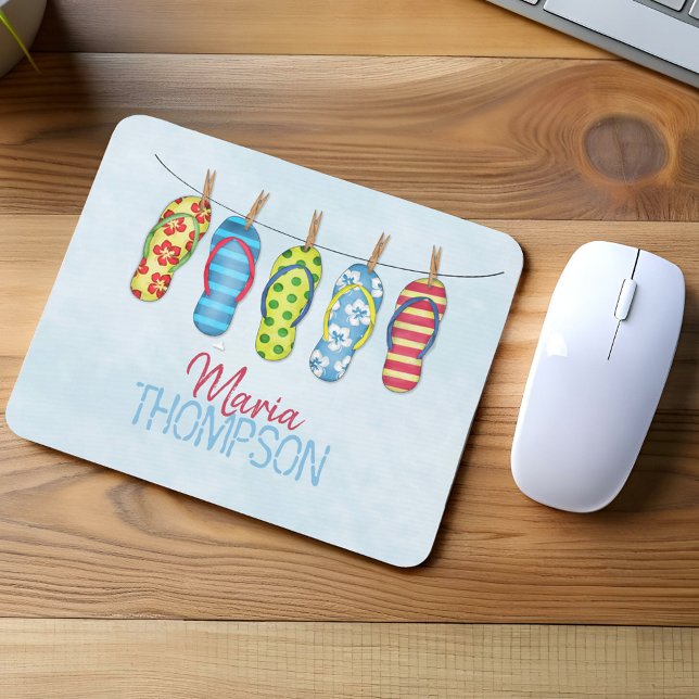 Fun Colourful Cute Tropical Flip Flops  Mouse Mat (Colorful flip flops hanging on clothesline personalized name beach themed mouse pad desk accessory.)