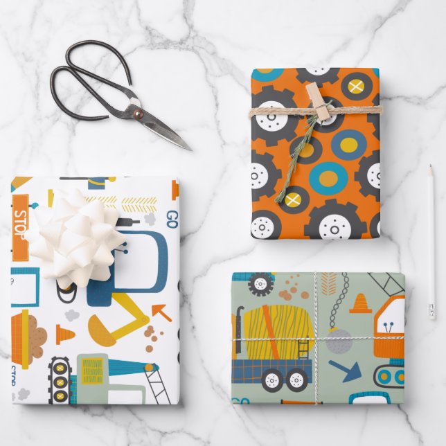 Fun Colourful Digger Truck Pattern Wrapping Paper Sheet (Front)