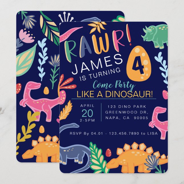 Fun Colourful Dinosaur Birthday Party Invitation (Front/Back)