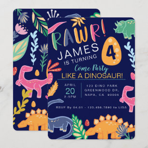 Fun Colourful Dinosaur Birthday Party Invitation
