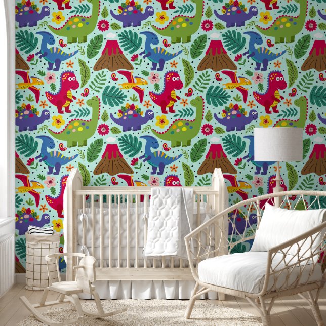 Fun Colourful Dinosaur Pattern Wallpaper (Kids)