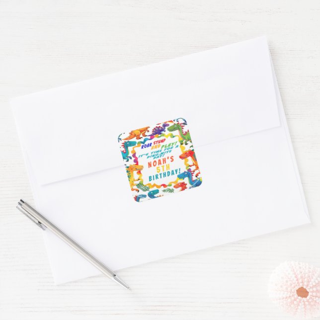 Fun Colourful Dinosaur Themed Dino-Mite  Square Sticker (Envelope)
