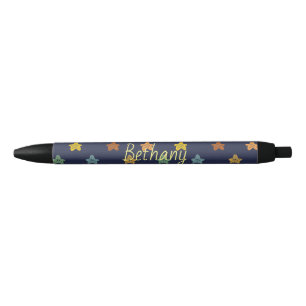 Fun Colourful Doodle Stars on Blue Personalised Black Ink Pen
