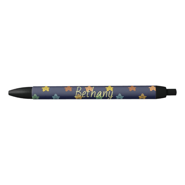 Fun Colourful Doodle Stars on Blue Personalised Black Ink Pen (Front)