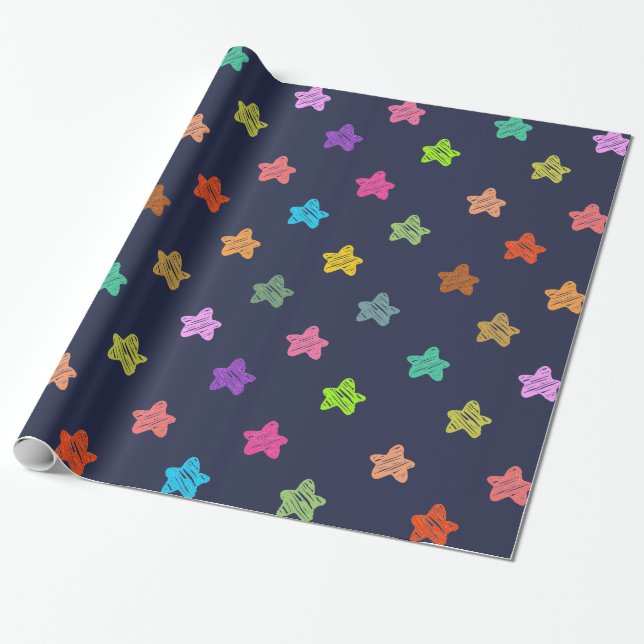 Fun Colourful Doodle Stars on Dark Blue Wrapping Paper (Unrolled)