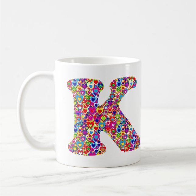 Fun Colourful Dynamic Heart Filled K Monogram Coffee Mug (Left)
