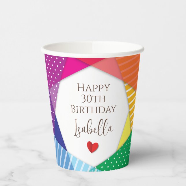 Fun Colourful Festival Themed Happy 30th Birthday Paper Cups (Left)
