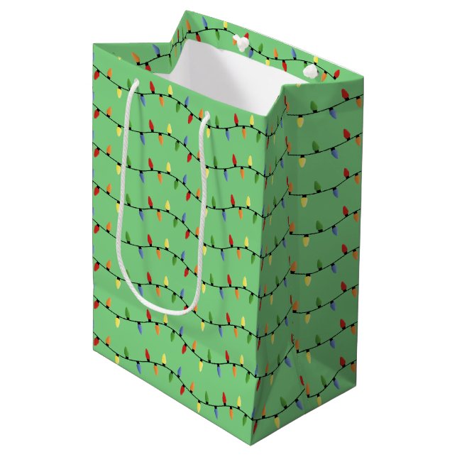 Fun Colourful Festive Holiday Tree Lights Pattern Medium Gift Bag (Front Angled)