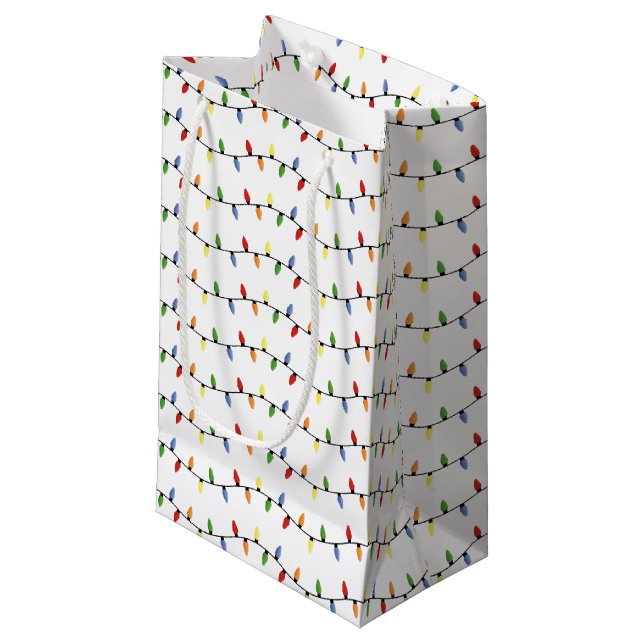 Fun Colourful Festive Holiday Tree Lights Pattern Small Gift Bag (Front Angled)