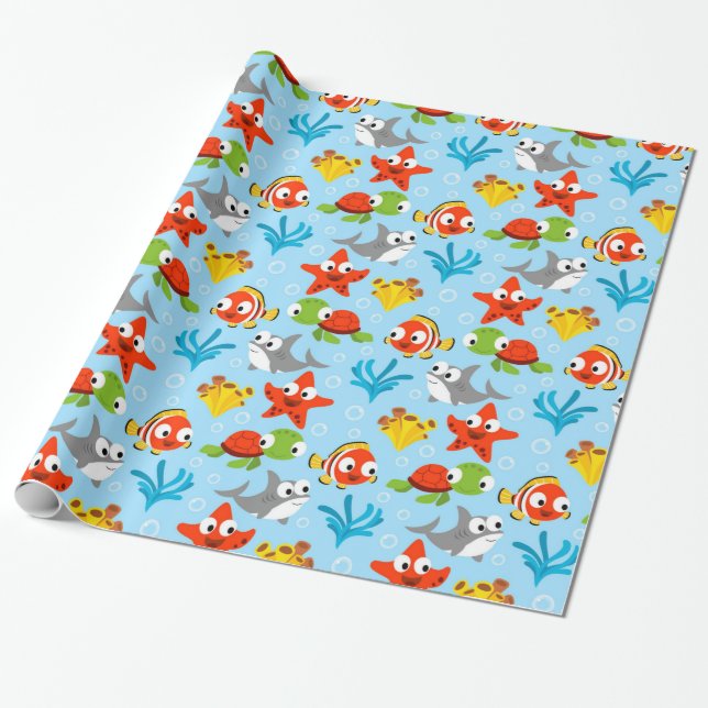 Fun Colourful Fish Ocean Kids Pattern Wrapping Paper (Unrolled)