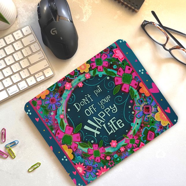 Fun Colourful Floral Happy Life Inspiring  Mouse Mat (Creator Uploaded)