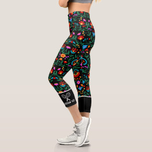 Fun Colourful Floral Print Custom Tennis Logo Capri Leggings
