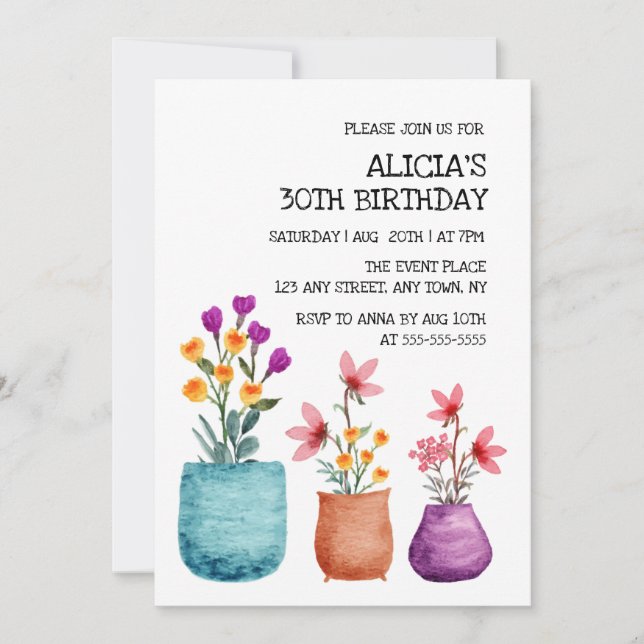Fun & Colourful Flower On Pot Watercolor Birthday  Invitation (Front)