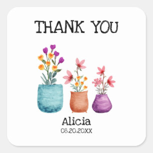 Fun & Colourful Flower On Pot Watercolor Thank You Square Sticker