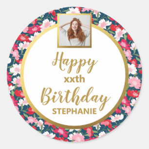 Fun Colourful Flowers, Custom Photo, Happy Birthda Classic Round Sticker