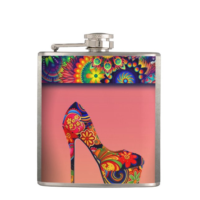 Fun Colourful Flowers High Heel Hip Flask (Front)