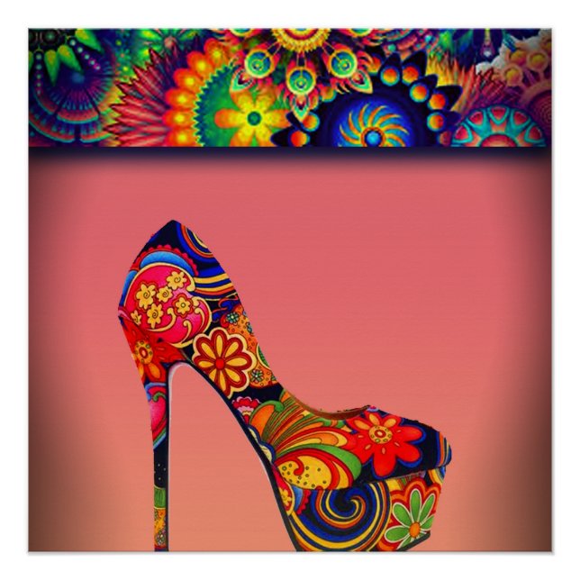Fun Colourful Flowers High Heel Poster (Front)