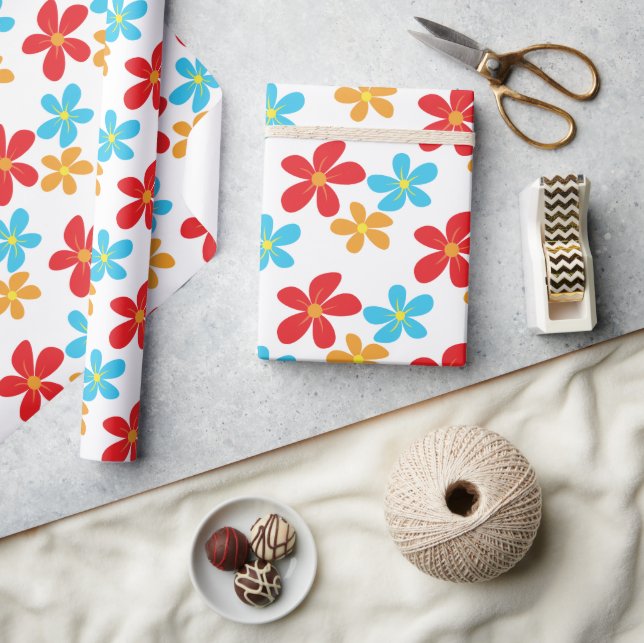 Fun Colourful Flowers On White Wrapping Paper (Crafts)