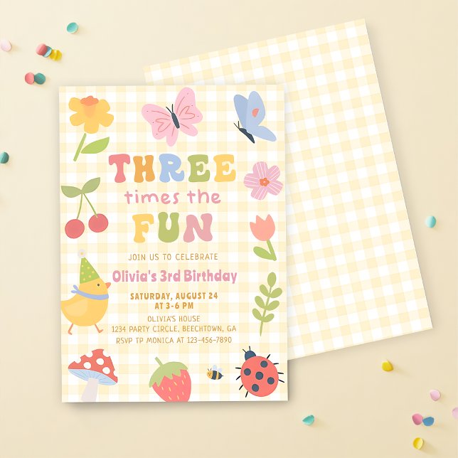 Fun Colourful Gingham Girl 3rd Birthday Invitation (Creator Uploaded)