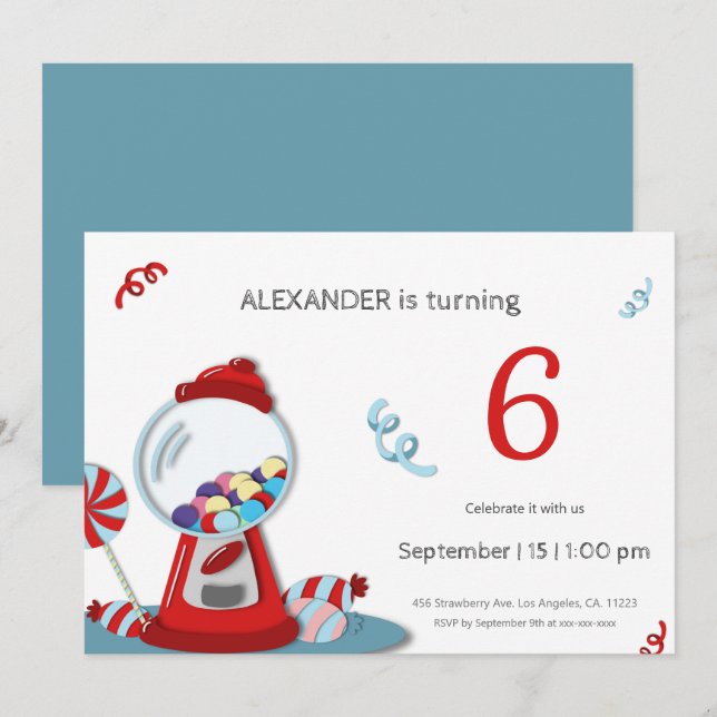Fun Colourful Gumball Machine Kids Birthday Party Invitation (Front/Back)