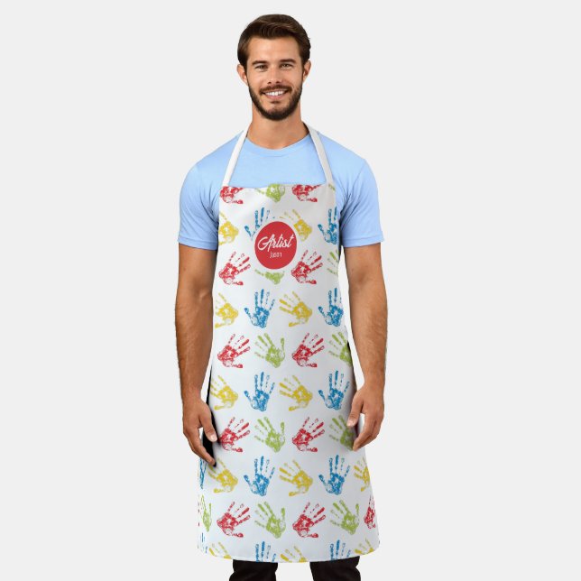 Fun Colourful Handprint Pattern Apron (Worn)