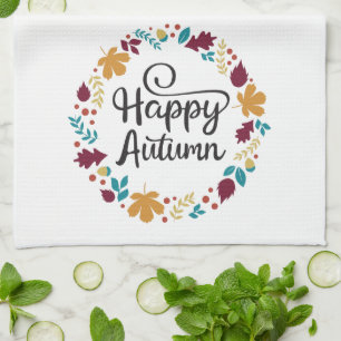 Fun Colourful Happy Autumn Fall Wreath Tea Towel