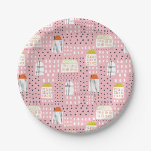 Fun colourful houses apartments city grid paper plate