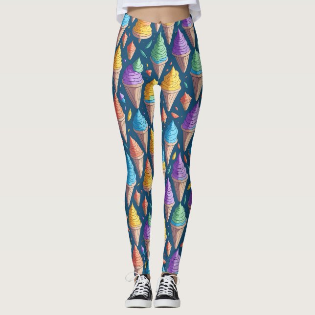 Fun Colourful Ice Cream Cone Sweet Dessert Pattern Leggings (Front)