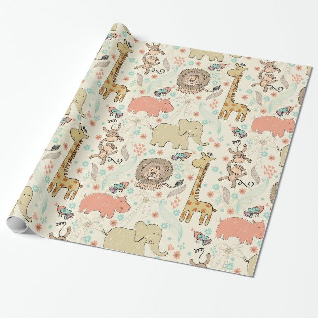 Fun Colourful Jungle Animal Pattern Wrapping Paper (Unrolled)