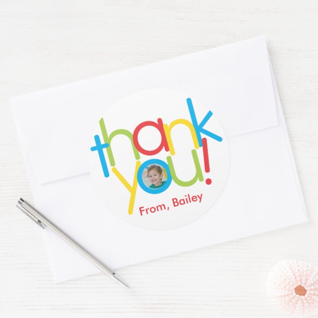 Fun Colourful Kids Birthday Photo Thank You Classic Round Sticker (Envelope)