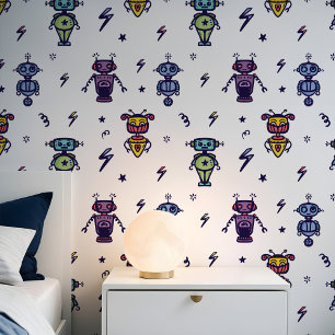 Fun Colourful Kids Robotic Robots Space Pattern Wallpaper