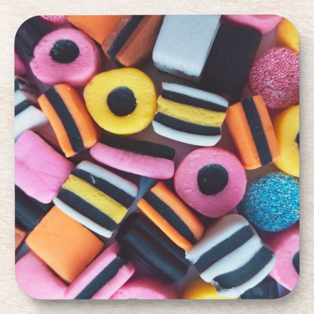 Fun, colourful, liquorice candy coaster (Front)