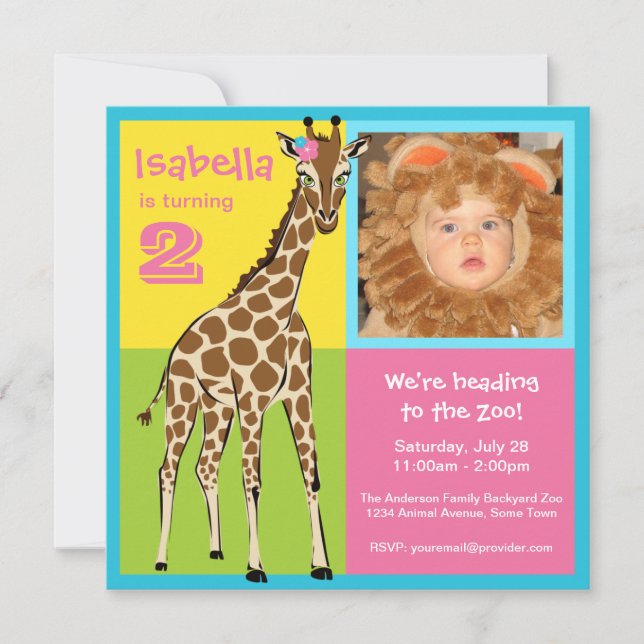 Fun Colourful Little Girl Giraffe Photo Invitation (Front)